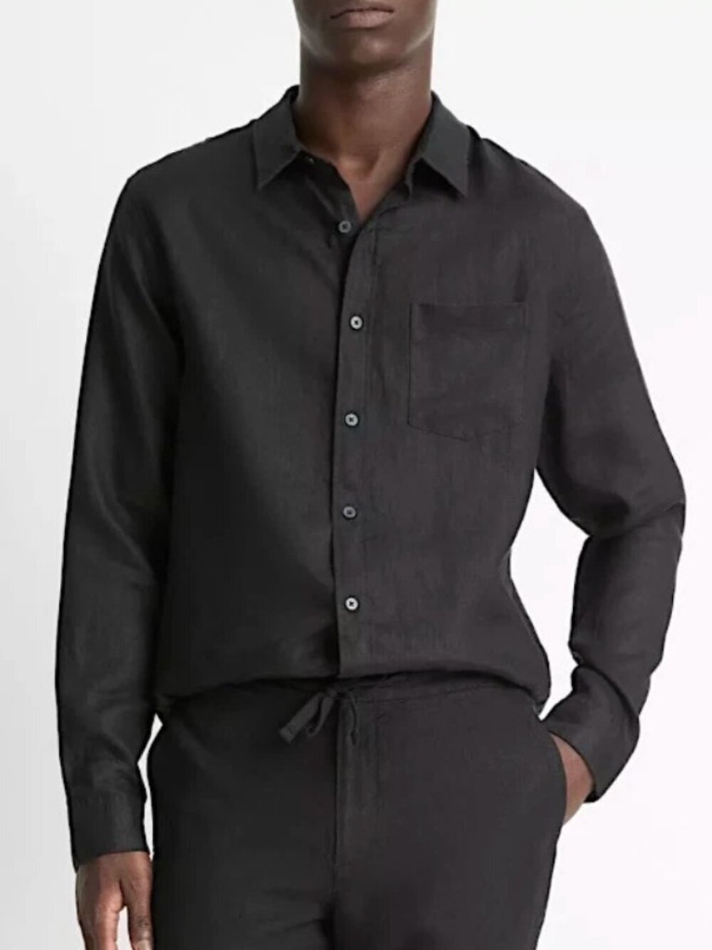 VINCE Linen Blend Button Down Shirt Classic Fit Long Sleeve Black